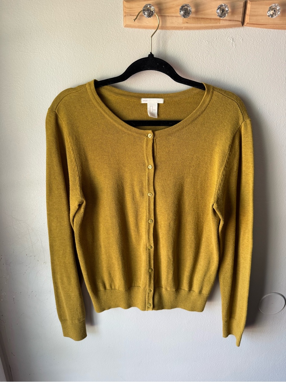 H&M Basic Mustard Yellow/Green 100% Cotton Crewneck Cardigan Sweater M